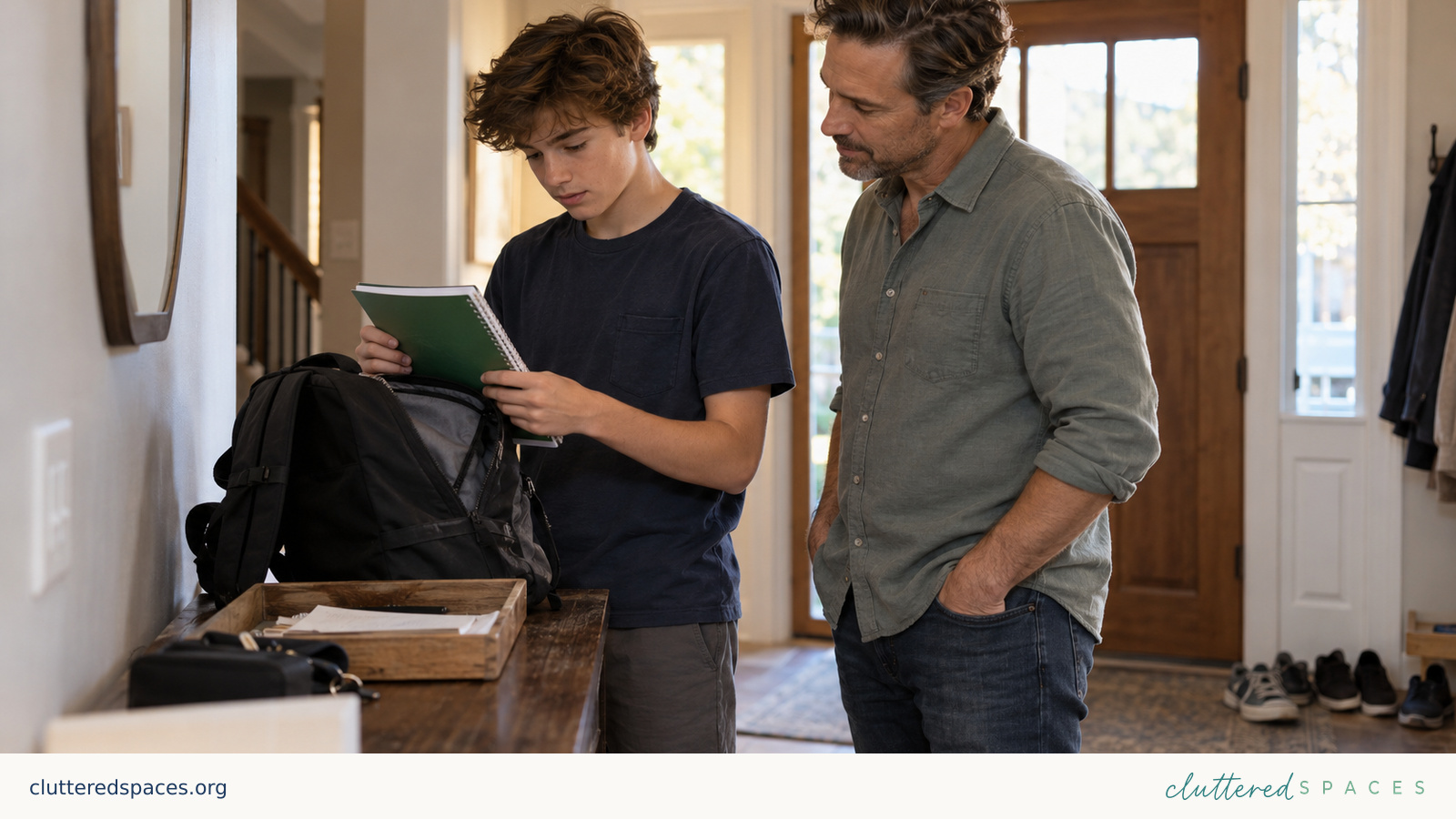 Teen choosing a notebook from his backpack while his father listens beside him in a home entryway.