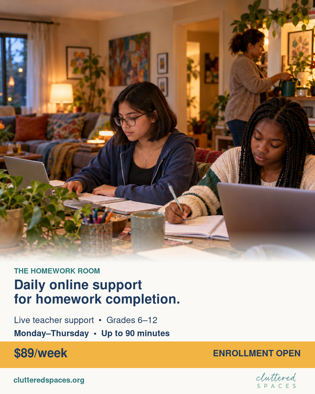 Two high school students working independently at a table during The Homework Room online support session.