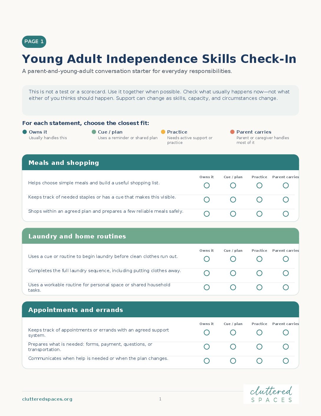 Young Adult Independence Skills Check-In: original page 1 preview