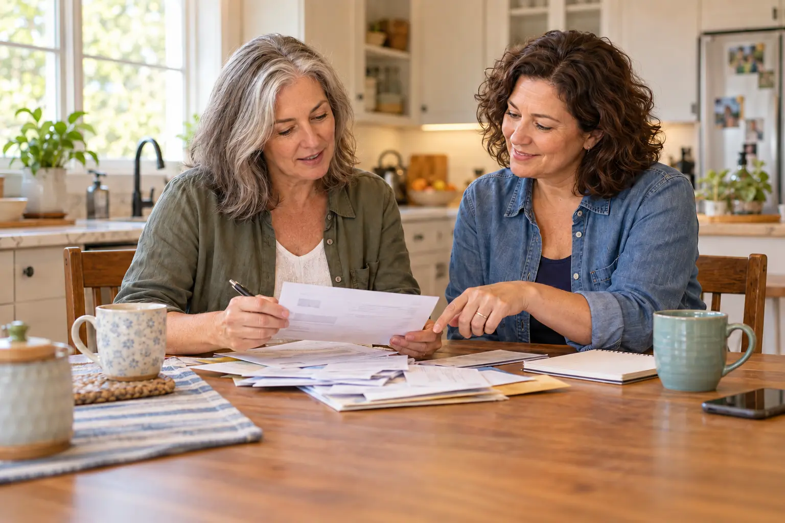 Two adult women working side by side on household paperwork at a kitchen table.