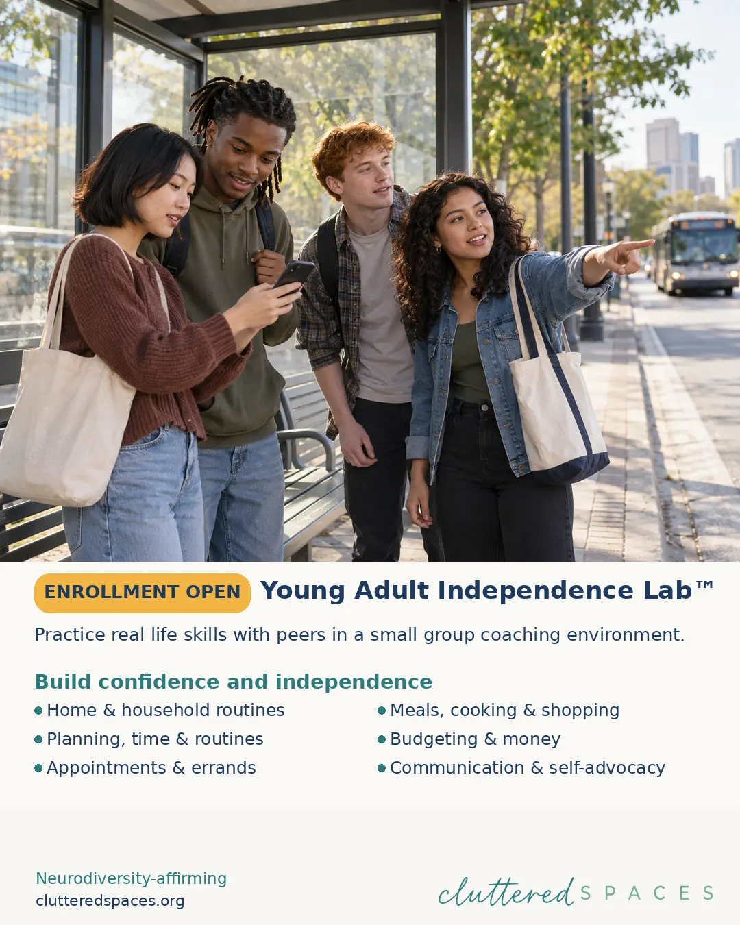 Young adults planning a trip together at a bus stop, using a phone and pointing toward their route.