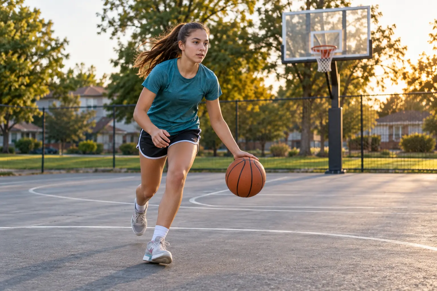 Teen dribbling a basketball on an outdoor court.