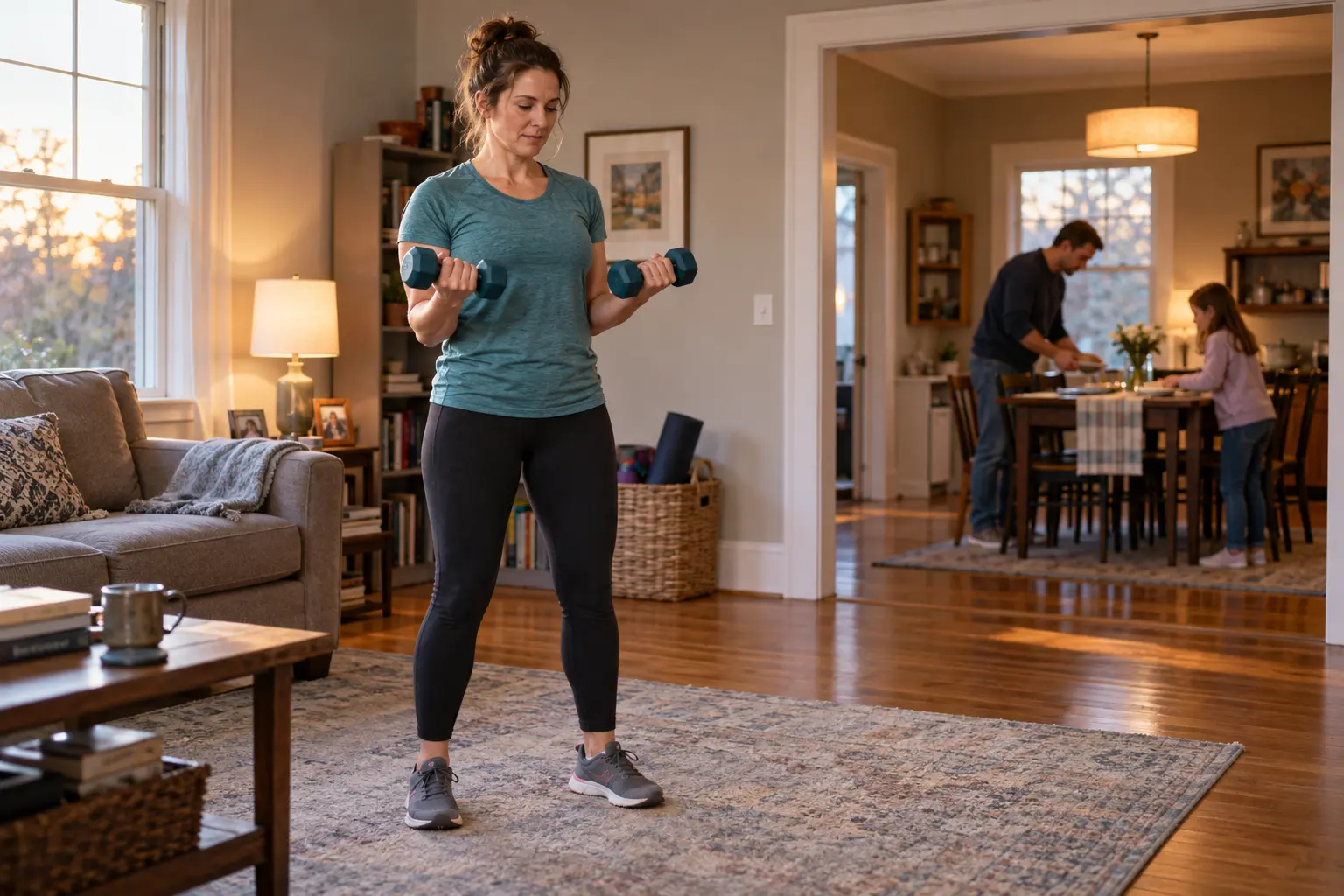 Adult lifting dumbbells in a living room while family members set a nearby dining table.