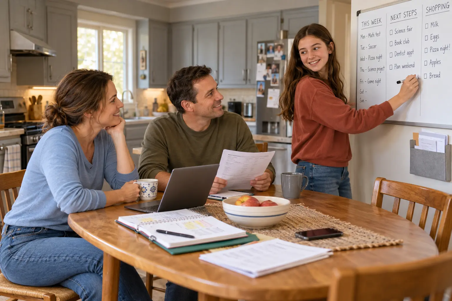 A teen updates a family planning board while two adults review household plans at the kitchen table.