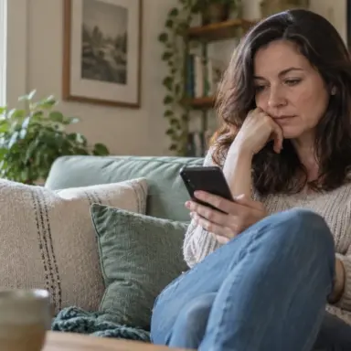 Woman looking at her phone while sitting on a sofa with her head resting on one hand.