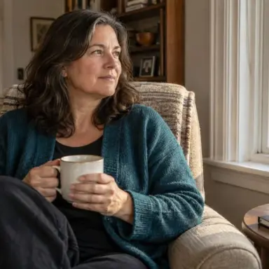 Woman sitting by a window holding a mug and pausing thoughtfully