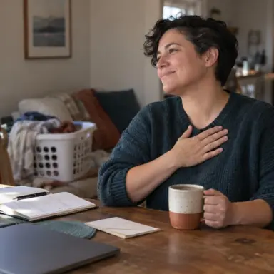 Person seated at a kitchen table with one hand on their chest and the other holding a mug.