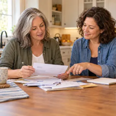Two adult women working side by side on household paperwork at a kitchen table.