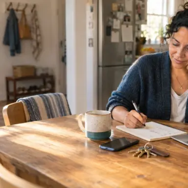 Woman writing in a notebook beside a laptop at her kitchen table.