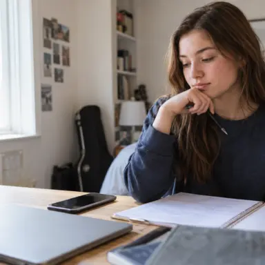 Teenager considering schoolwork at a desk with an open notebook
