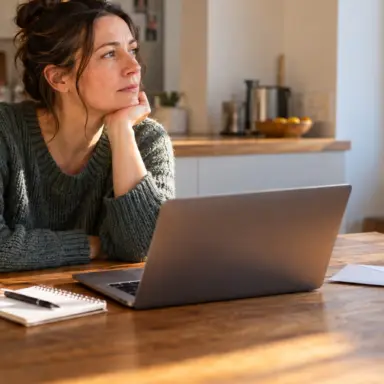 Adult seated at a kitchen table with a laptop, notebook, and unopened envelope, looking toward a window