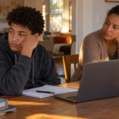 Teen and caregiver seated at a table with homework and a laptop during a tense pause