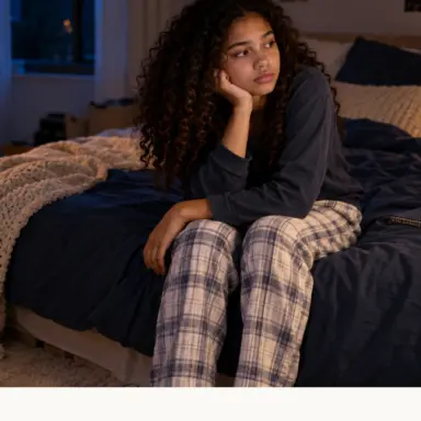 A tired teenager sits on a rumpled bed in a softly lit bedroom at night.