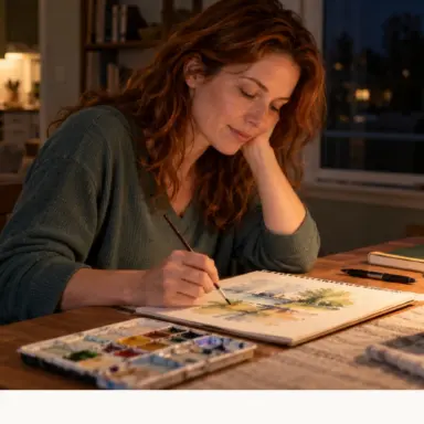 An adult paints at a dining table in a warmly lit home late at night.