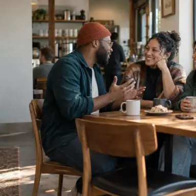 Three people talking and smiling around a café table.