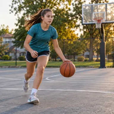 Teen dribbling a basketball on an outdoor court.