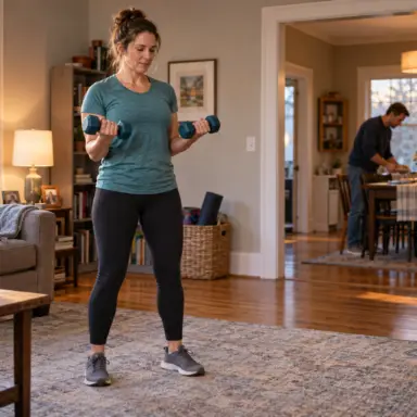 Adult lifting dumbbells in a living room while family members set a nearby dining table.