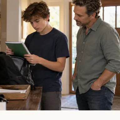 Teen choosing a notebook from his backpack while his father listens beside him in a home entryway.