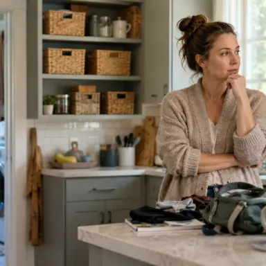 Woman considering everyday household items on a kitchen counter near an organized laundry area