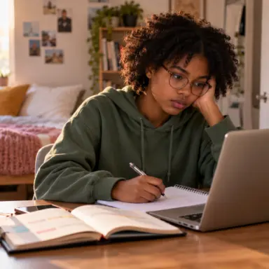 Teen with short curly hair and glasses working on school assignments at her bedroom desk