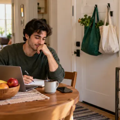 Young adult planning daily tasks at a table near a home entryway with practical reminders