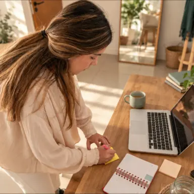 A person using notes, papers, and a laptop to work through a complicated task plan.