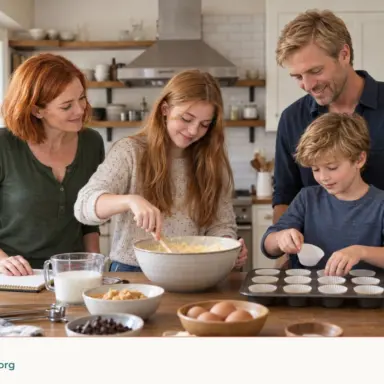 A family makes cupcakes together: a teen mixes batter while a younger child places liners in a cupcake pan.