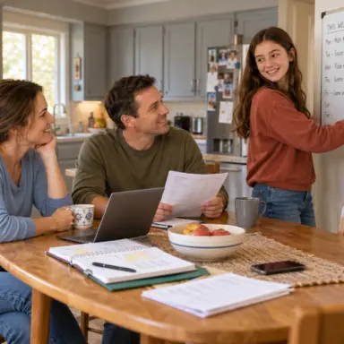 A teen updates a family planning board while two adults review household plans at the kitchen table.