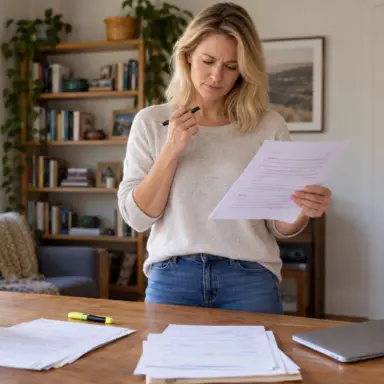 Woman holding a marked-up page and pausing before making another revision.