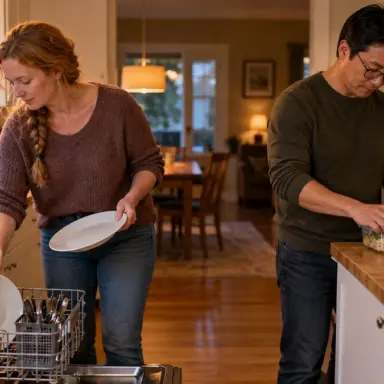 A couple shares an evening kitchen routine: loading dishes into the dishwasher and packing lunch.