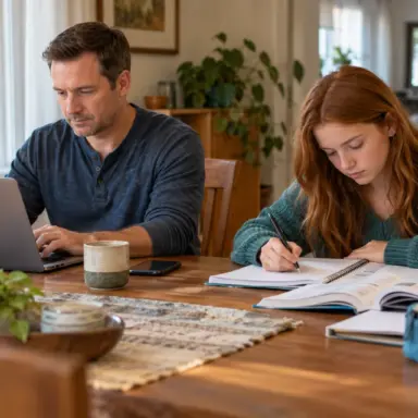 An adult works on a laptop beside a teen doing homework at the same table.