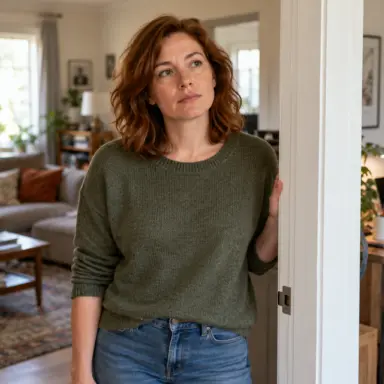 Woman pausing thoughtfully in a doorway between her living room and home workspace.