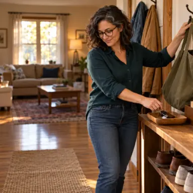 A woman hangs her everyday bag and puts her keys in a tray by the door, keeping the return-home routine visible.