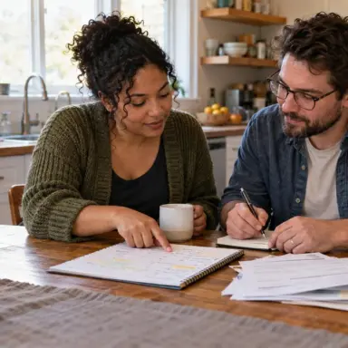 Family members plan household responsibilities together around a kitchen table
