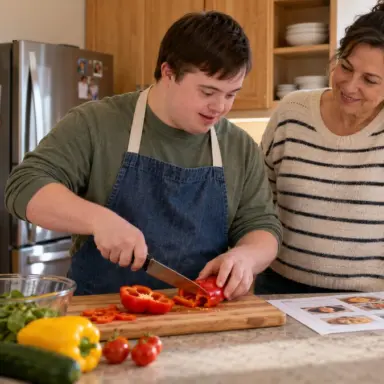 Young adult practices an independent living skill with calm support nearby