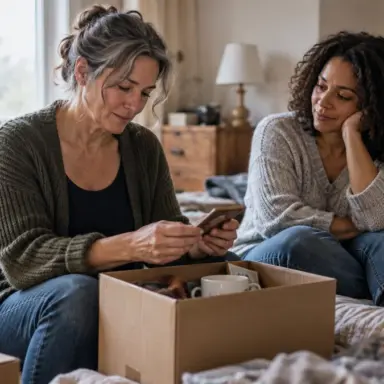 Two women sit together in a lived-in home during a difficult life transition, offering calm practical support