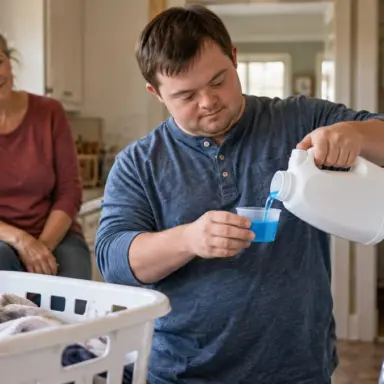 A young person practices an everyday household skill with supportive guidance nearby