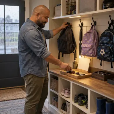 Father uses an open family entry station to make everyday belongings easier to manage