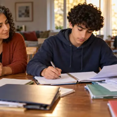 Mother supports her teenage son while he takes the lead on an everyday household task