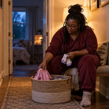Mother completes a small evening household reset on a low-capacity day