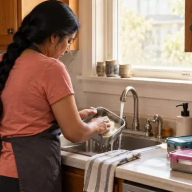 Mother begins a household task by washing one lunch container in a lived-in kitchen
