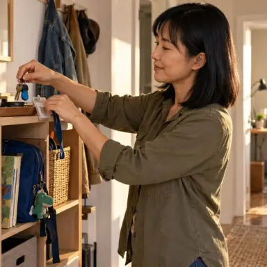 Mother uses open storage and visible cubbies to support working memory at home