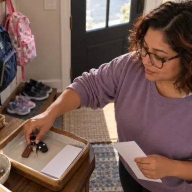 Mother resets a simple family entryway routine with backpacks and an everyday tray