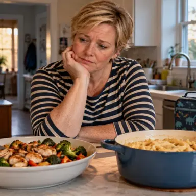 Mother pauses while making a family meal decision with lunchboxes and everyday kitchen items nearby