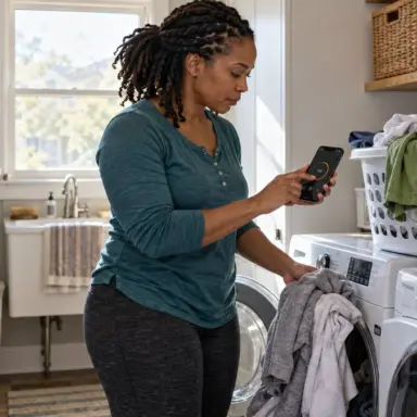 Mother manages laundry beside family sports gear and a backpack in a lived-in home