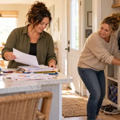 Mother and home-function coach work side by side organizing family papers and an entryway