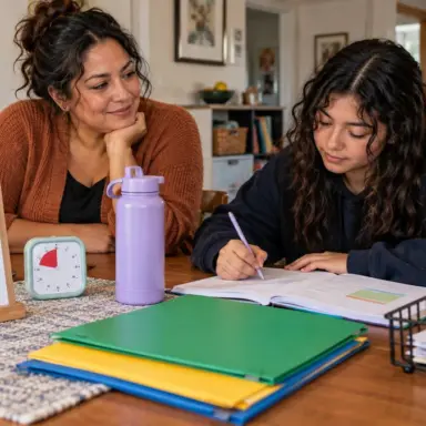 Mother supports a teenager working independently with a visual checklist, timer, and color-coded folders