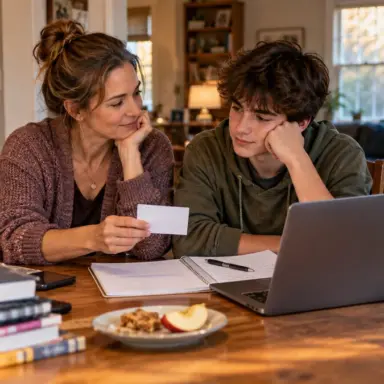 Mother calmly helps her teenage son identify one small first step for starting homework