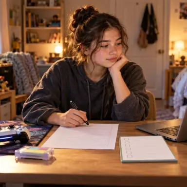 Teenage girl sits between a video game setup and structured schoolwork tools at her desk
