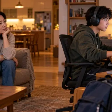 Mother thoughtfully watches her teenage son focus on a video game while school materials wait nearby